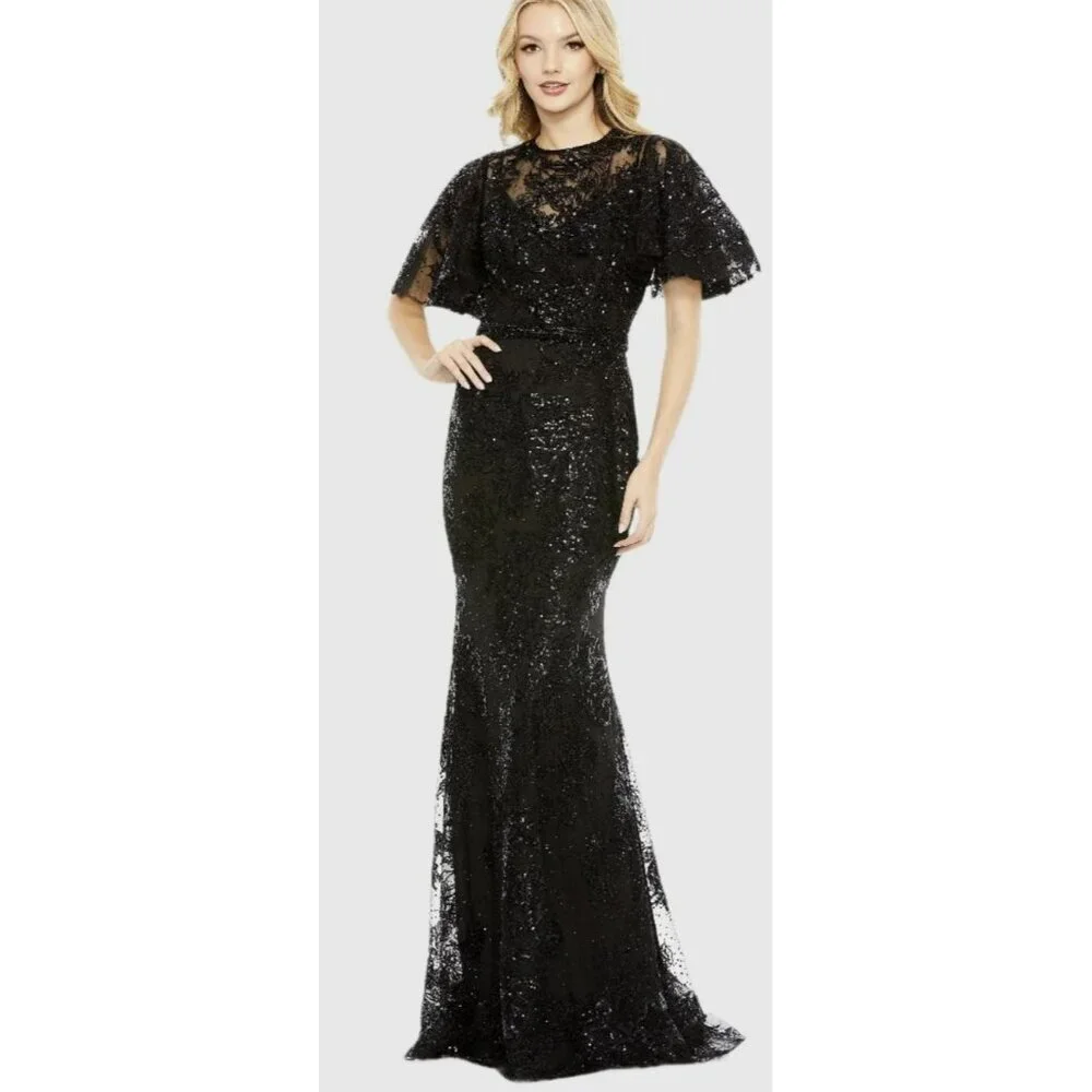 Mac Duggal Sequins Jersey Flutter Sleeve Formal Gown Maxi Dress Sz 10 NWT - Picture 1 of 8